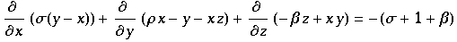 ∂ /∂x (σ(y - x)) + ∂ /∂y (ρ x - y - x z) + ∂ /∂z (-β z + x y) = -(σ + 1 + β)