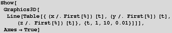 Show[Graphics3D[Line[Table[{ (x/.First[%]) [t], (y/. First[%]) [t], (z/. First[%]) [t]}, {t, 1, 10, 0.01}]]], AxesTrue]